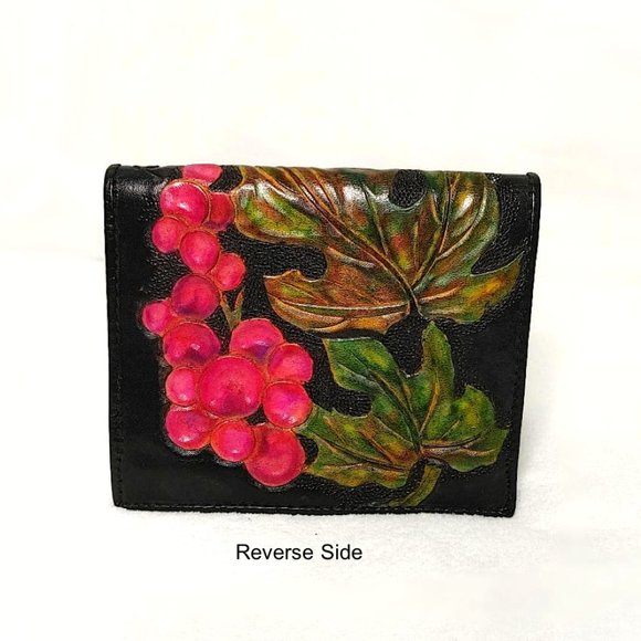 Hand Painted Wallet Red Motif Black Genuine Leather Coin Purse Bifold Cardholder - Picture 2 of 10